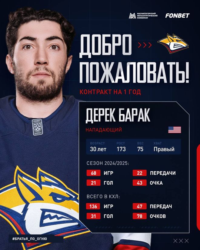 Магнитогорский «Металлург» подписал контракт с нападающим Дереком Бараком